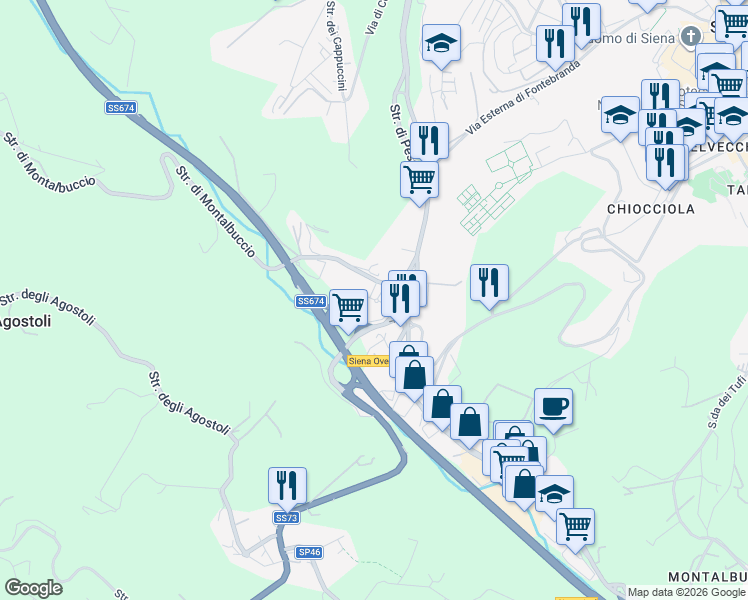 map of restaurants, bars, coffee shops, grocery stores, and more near 11/13 Via Paolo Frajese in Siena