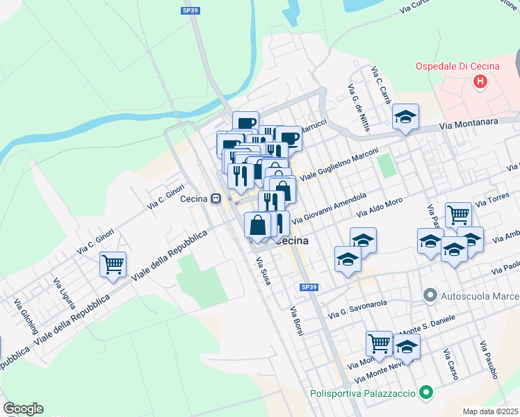 map of restaurants, bars, coffee shops, grocery stores, and more near 14 Viale Italia in Cecina