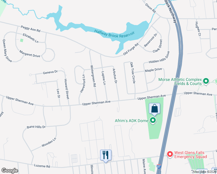 map of restaurants, bars, coffee shops, grocery stores, and more near 7 Lupine Lane in Queensbury