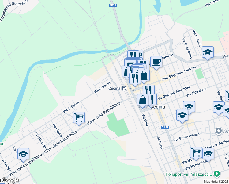 map of restaurants, bars, coffee shops, grocery stores, and more near 9 Via Carlo Ginori in Cecina