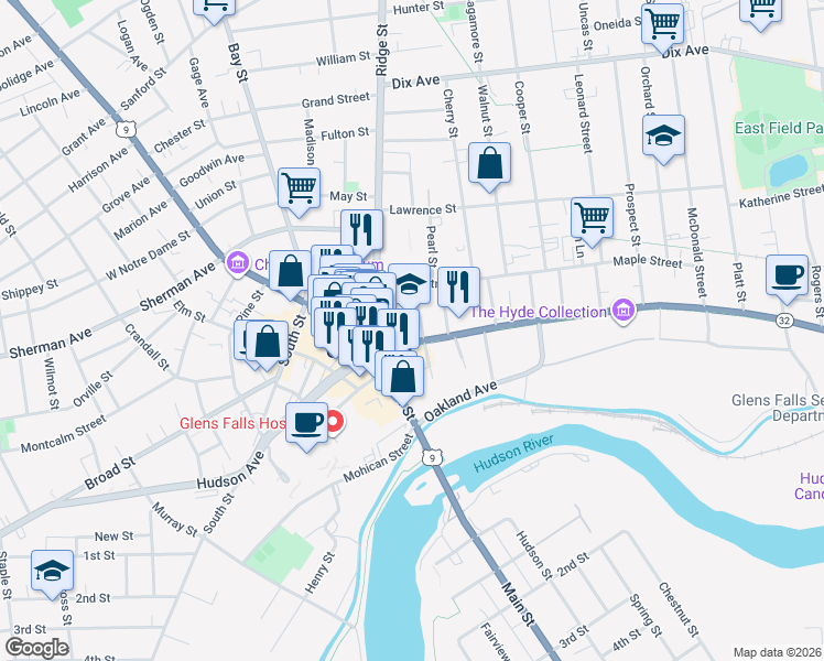 map of restaurants, bars, coffee shops, grocery stores, and more near 10 Church Street in Glens Falls