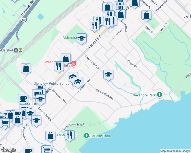 map of restaurants, bars, coffee shops, grocery stores, and more near 220 Townsend Avenue in Burlington