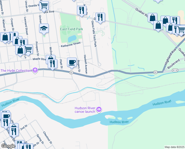 map of restaurants, bars, coffee shops, grocery stores, and more near 277 Warren Street in Glens Falls