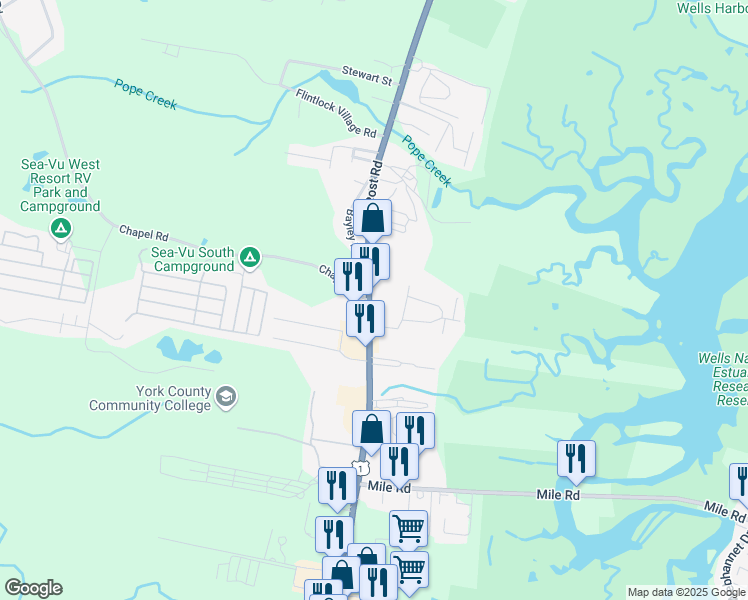 map of restaurants, bars, coffee shops, grocery stores, and more near 1351 Post Road in Wells