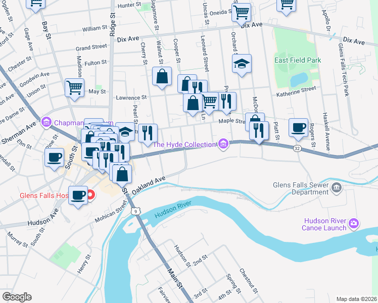 map of restaurants, bars, coffee shops, grocery stores, and more near 133 Warren Street in Glens Falls