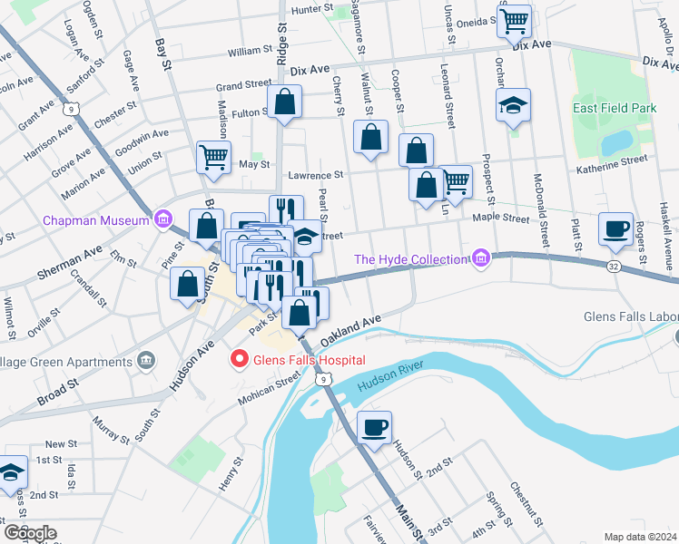 map of restaurants, bars, coffee shops, grocery stores, and more near 74 Warren Street in Glens Falls
