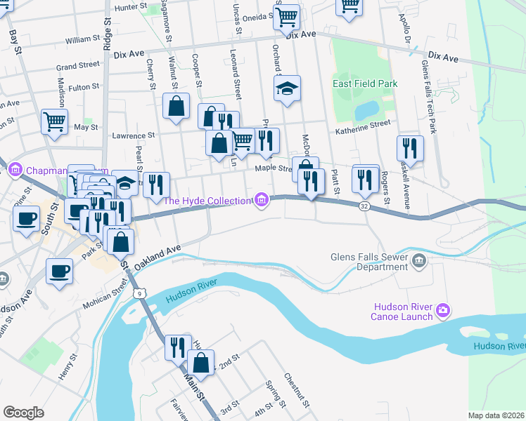 map of restaurants, bars, coffee shops, grocery stores, and more near 161 Warren Street in Glens Falls