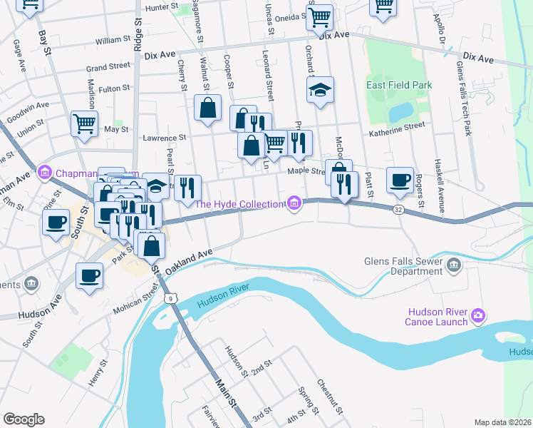 map of restaurants, bars, coffee shops, grocery stores, and more near 147 Warren Street in Glens Falls
