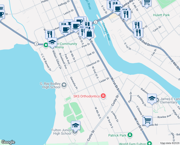 map of restaurants, bars, coffee shops, grocery stores, and more near 501 West 3rd Street South in Fulton