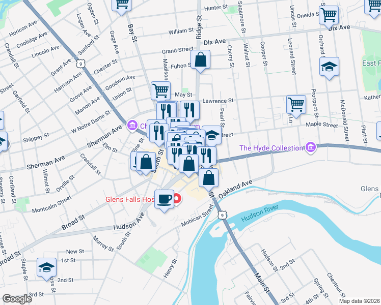 map of restaurants, bars, coffee shops, grocery stores, and more near 62 Ridge Street in Glens Falls