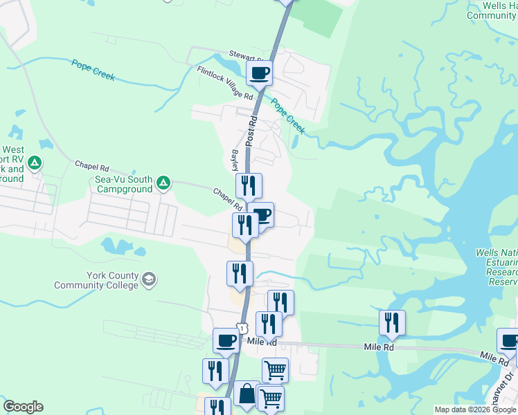 map of restaurants, bars, coffee shops, grocery stores, and more near 1217 Post Road in Wells