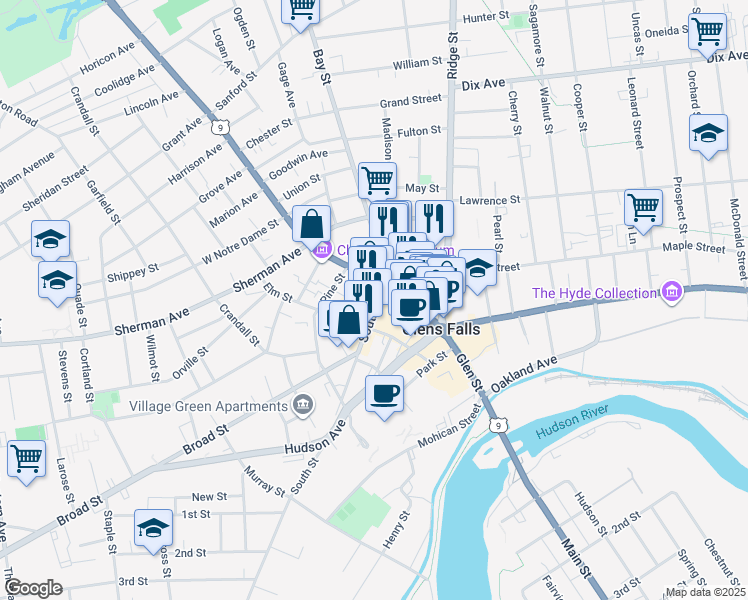 map of restaurants, bars, coffee shops, grocery stores, and more near 23 Bay Street in Glens Falls