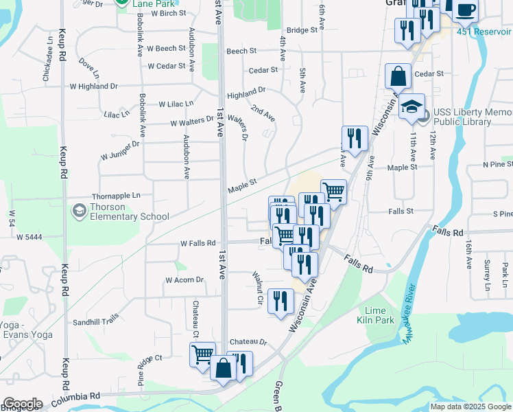 map of restaurants, bars, coffee shops, grocery stores, and more near 1817 Highland Drive in Grafton