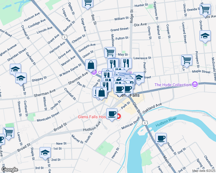 map of restaurants, bars, coffee shops, grocery stores, and more near 23 Bay Street in Glens Falls