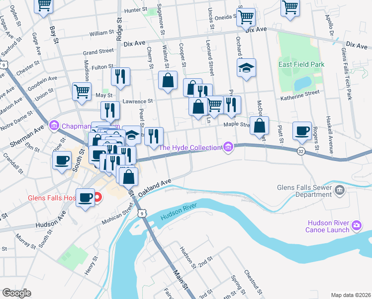 map of restaurants, bars, coffee shops, grocery stores, and more near 126 Warren Street in Glens Falls