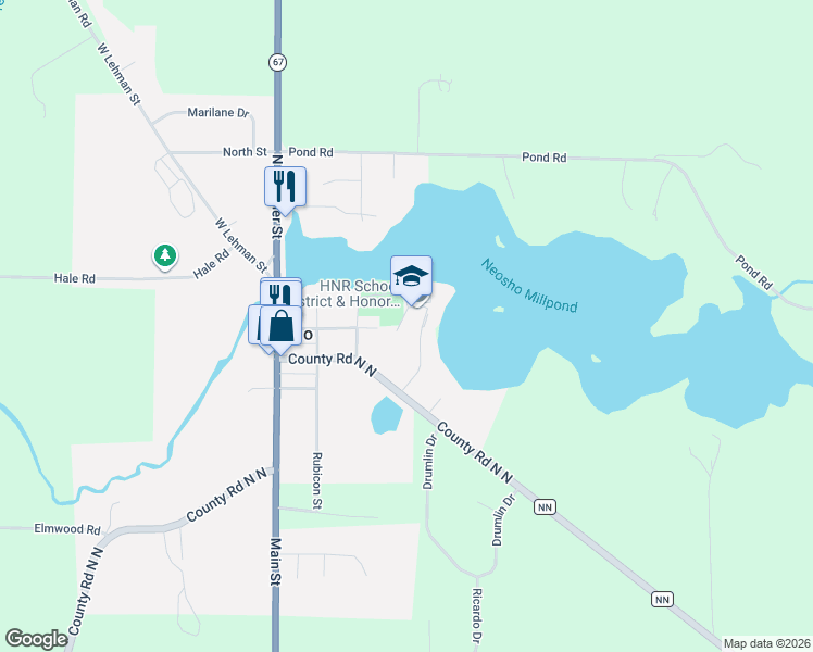 map of restaurants, bars, coffee shops, grocery stores, and more near 201 Center Street in Neosho