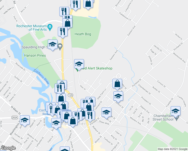 map of restaurants, bars, coffee shops, grocery stores, and more near 15 Eastern Avenue in Rochester