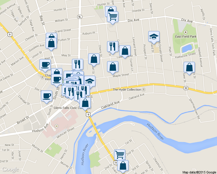 map of restaurants, bars, coffee shops, grocery stores, and more near 102 Warren Street in Glens Falls