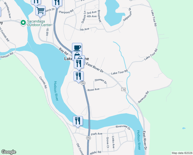 map of restaurants, bars, coffee shops, grocery stores, and more near 1005 East River Drive in Lake Luzerne