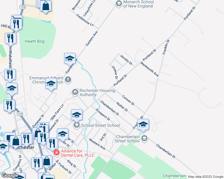 map of restaurants, bars, coffee shops, grocery stores, and more near 459 Portland Street in Rochester