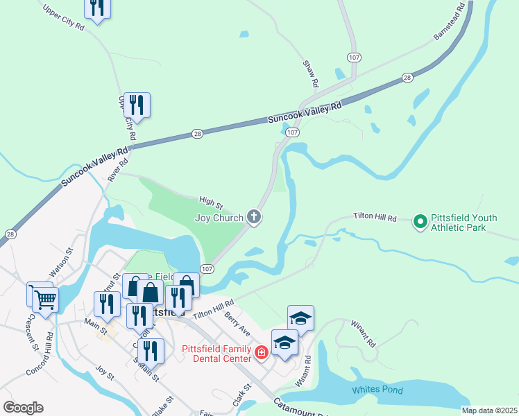map of restaurants, bars, coffee shops, grocery stores, and more near 28 Highway 107 in Pittsfield