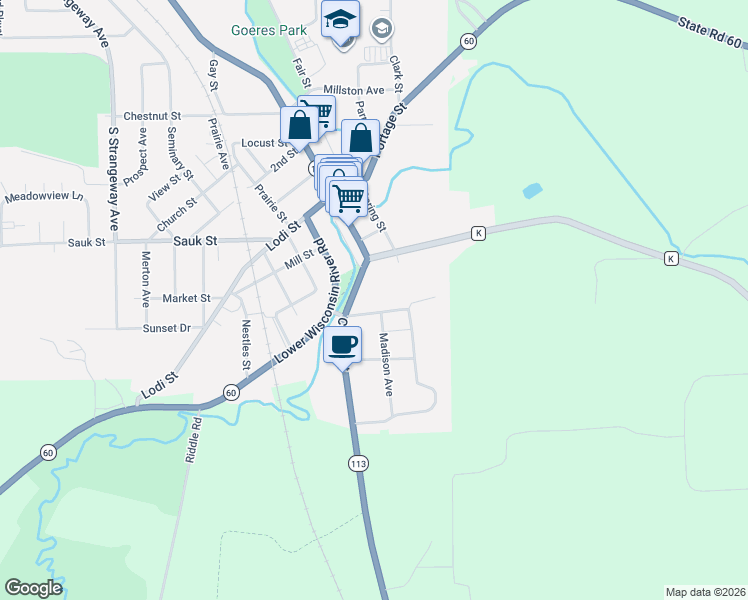 map of restaurants, bars, coffee shops, grocery stores, and more near 101 Wisconsin 113 in Lodi