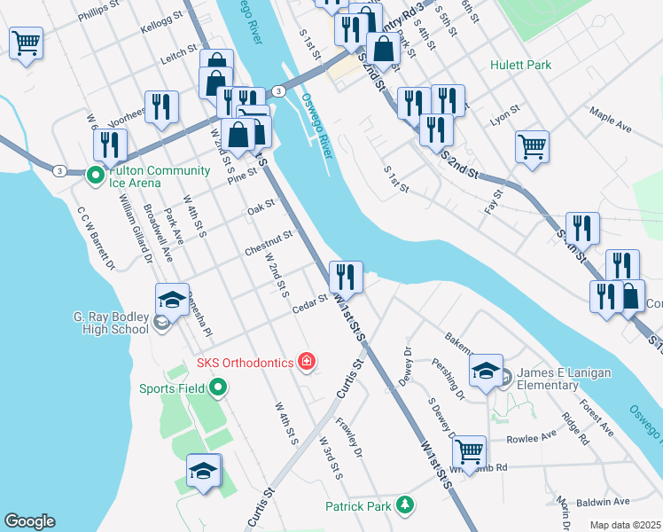 map of restaurants, bars, coffee shops, grocery stores, and more near 557 West 1st Street South in Fulton