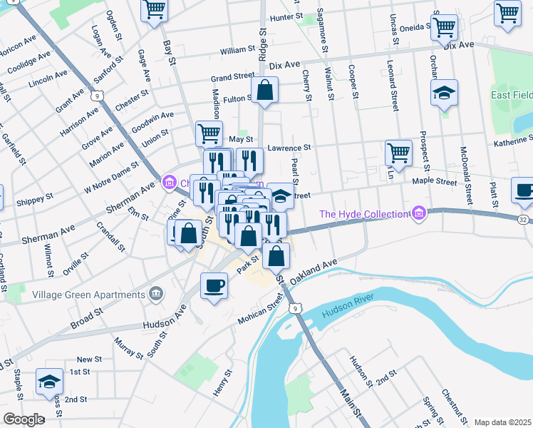 map of restaurants, bars, coffee shops, grocery stores, and more near 43 Ridge Street in Glens Falls