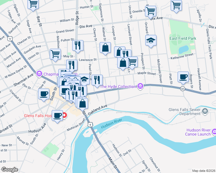 map of restaurants, bars, coffee shops, grocery stores, and more near 5 Culvert Street in Glens Falls