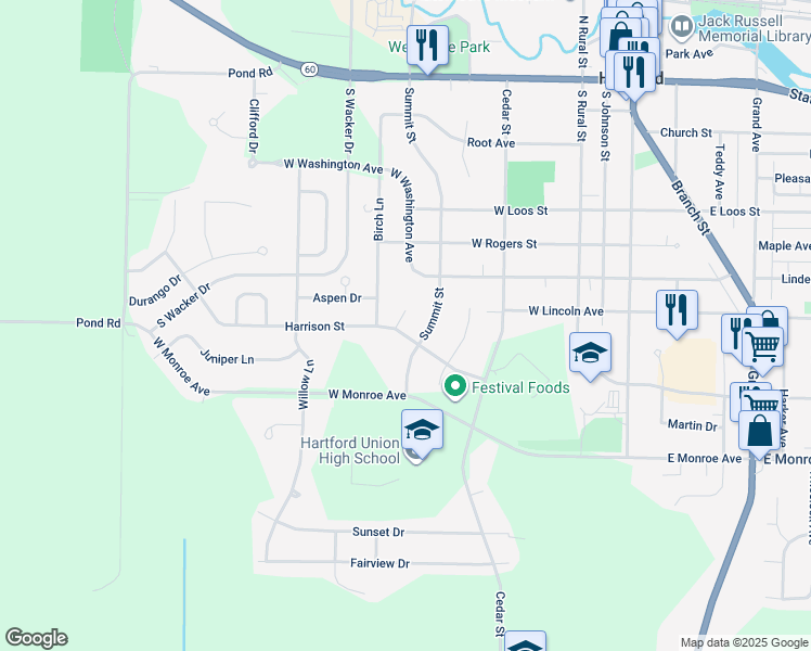 map of restaurants, bars, coffee shops, grocery stores, and more near 610 Troeller Court in Hartford