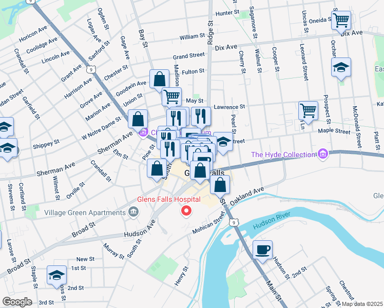map of restaurants, bars, coffee shops, grocery stores, and more near 251 Glen Street in Glens Falls