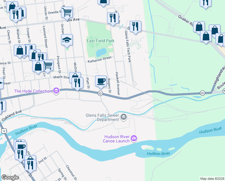 map of restaurants, bars, coffee shops, grocery stores, and more near 8 Rogers Street in Glens Falls