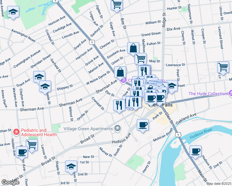 map of restaurants, bars, coffee shops, grocery stores, and more near 17 Bacon Street in Glens Falls