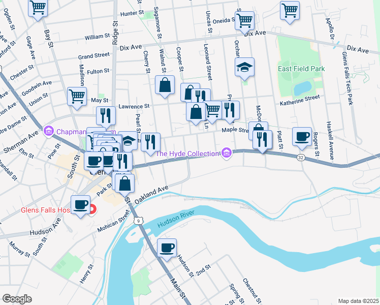 map of restaurants, bars, coffee shops, grocery stores, and more near 142 Warren Street in Glens Falls