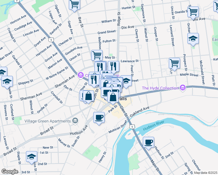 map of restaurants, bars, coffee shops, grocery stores, and more near 251 Glen Street in Glens Falls