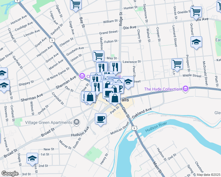 map of restaurants, bars, coffee shops, grocery stores, and more near 251 Glen Street in Glens Falls