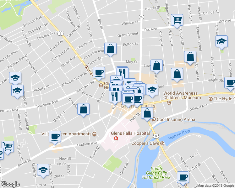 map of restaurants, bars, coffee shops, grocery stores, and more near 274 Glen Street in Glens Falls