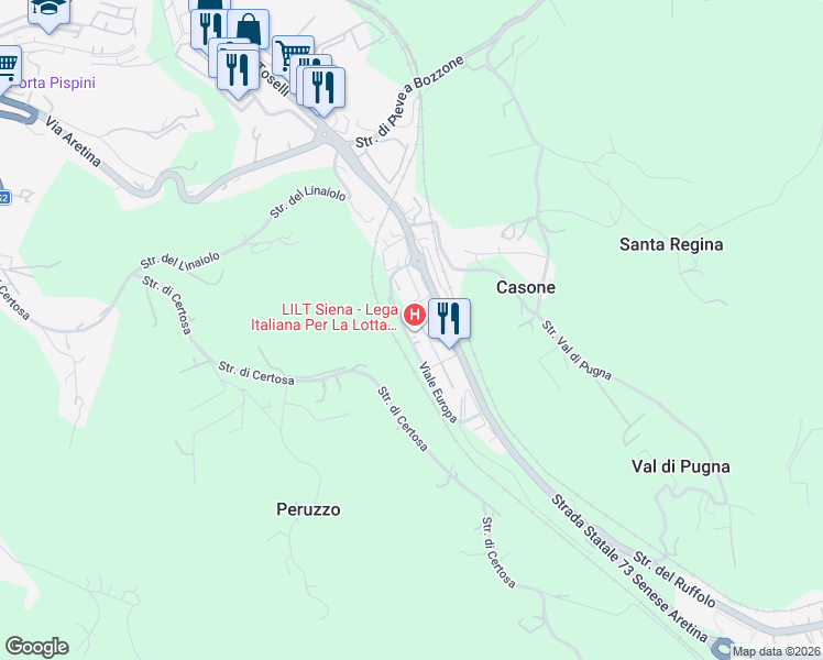 map of restaurants, bars, coffee shops, grocery stores, and more near 15 Viale Europa in Siena