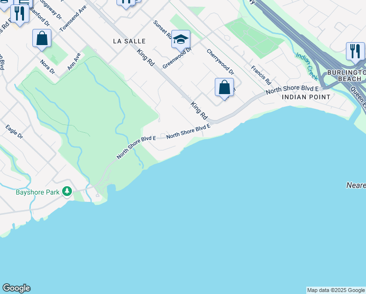 map of restaurants, bars, coffee shops, grocery stores, and more near 572 North Shore Boulevard East in Burlington