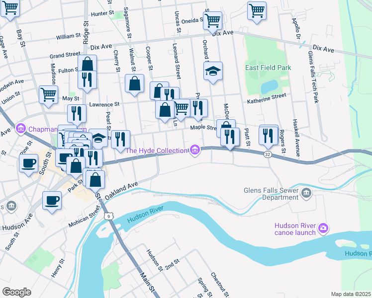 map of restaurants, bars, coffee shops, grocery stores, and more near 160 Warren Street in Glens Falls
