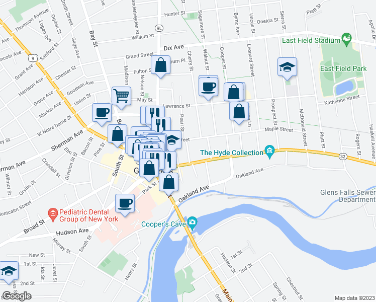 map of restaurants, bars, coffee shops, grocery stores, and more near 1 Center Street in Glens Falls