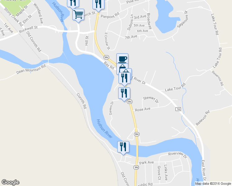 map of restaurants, bars, coffee shops, grocery stores, and more near 95 Lake Avenue in Lake Luzerne