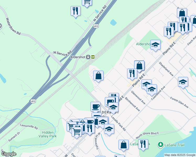 map of restaurants, bars, coffee shops, grocery stores, and more near 1095 Cooke Boulevard in Burlington