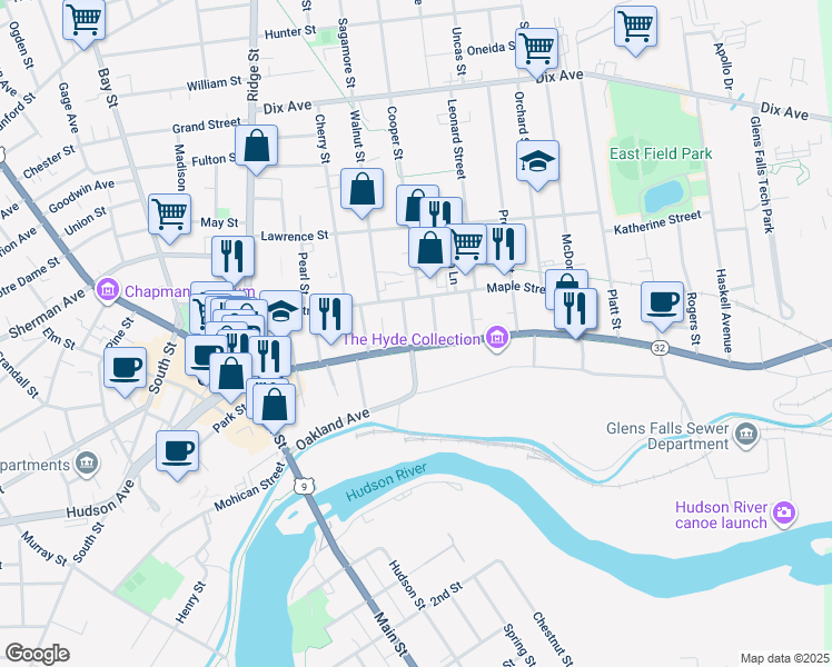 map of restaurants, bars, coffee shops, grocery stores, and more near 142 Warren Street in Glens Falls