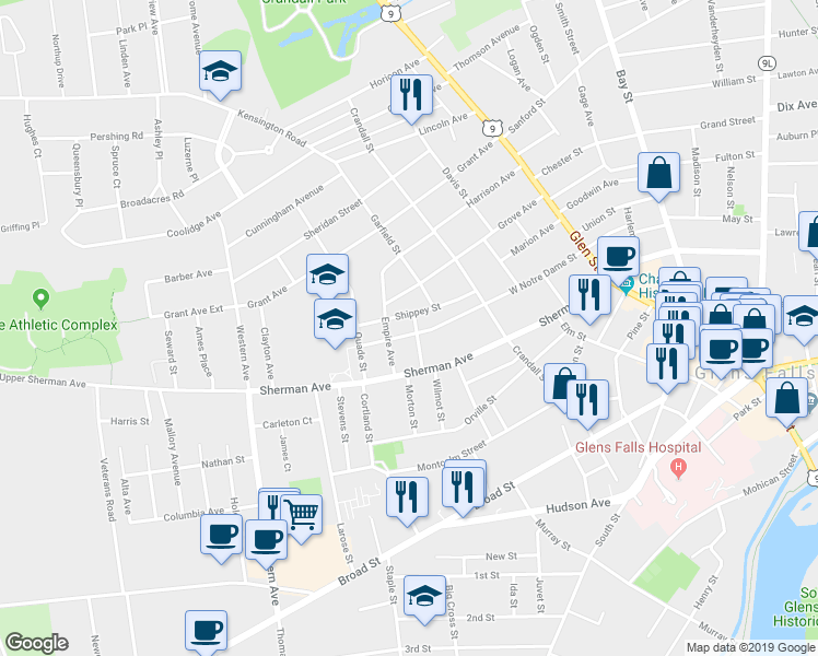 map of restaurants, bars, coffee shops, grocery stores, and more near 83 West Notre Dame Street in Glens Falls