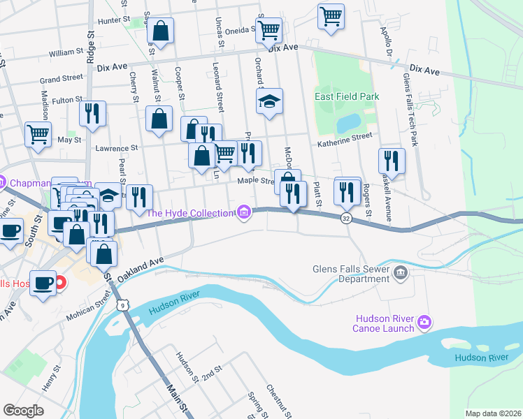 map of restaurants, bars, coffee shops, grocery stores, and more near 169 Warren Street in Glens Falls