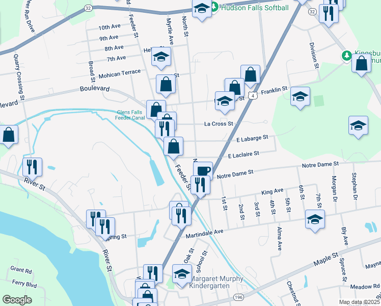 map of restaurants, bars, coffee shops, grocery stores, and more near 22 Laclaire Street in Hudson Falls