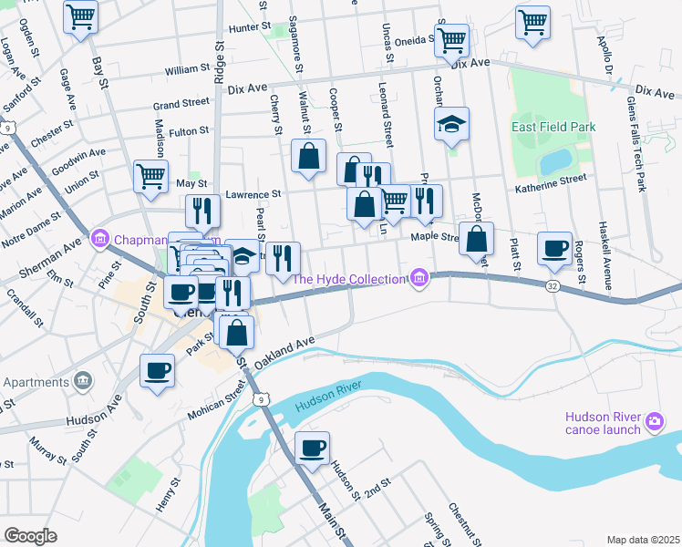 map of restaurants, bars, coffee shops, grocery stores, and more near 10 Oak Street in Glens Falls
