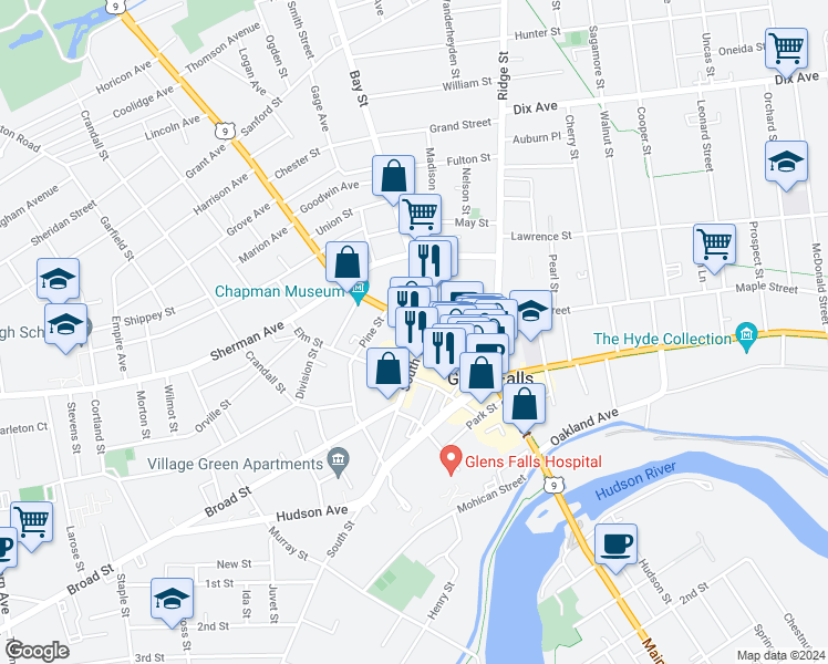 map of restaurants, bars, coffee shops, grocery stores, and more near 23 Bay Street in Glens Falls