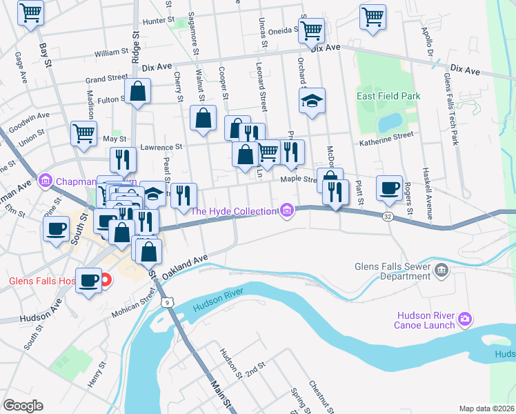 map of restaurants, bars, coffee shops, grocery stores, and more near 146 Warren Street in Glens Falls